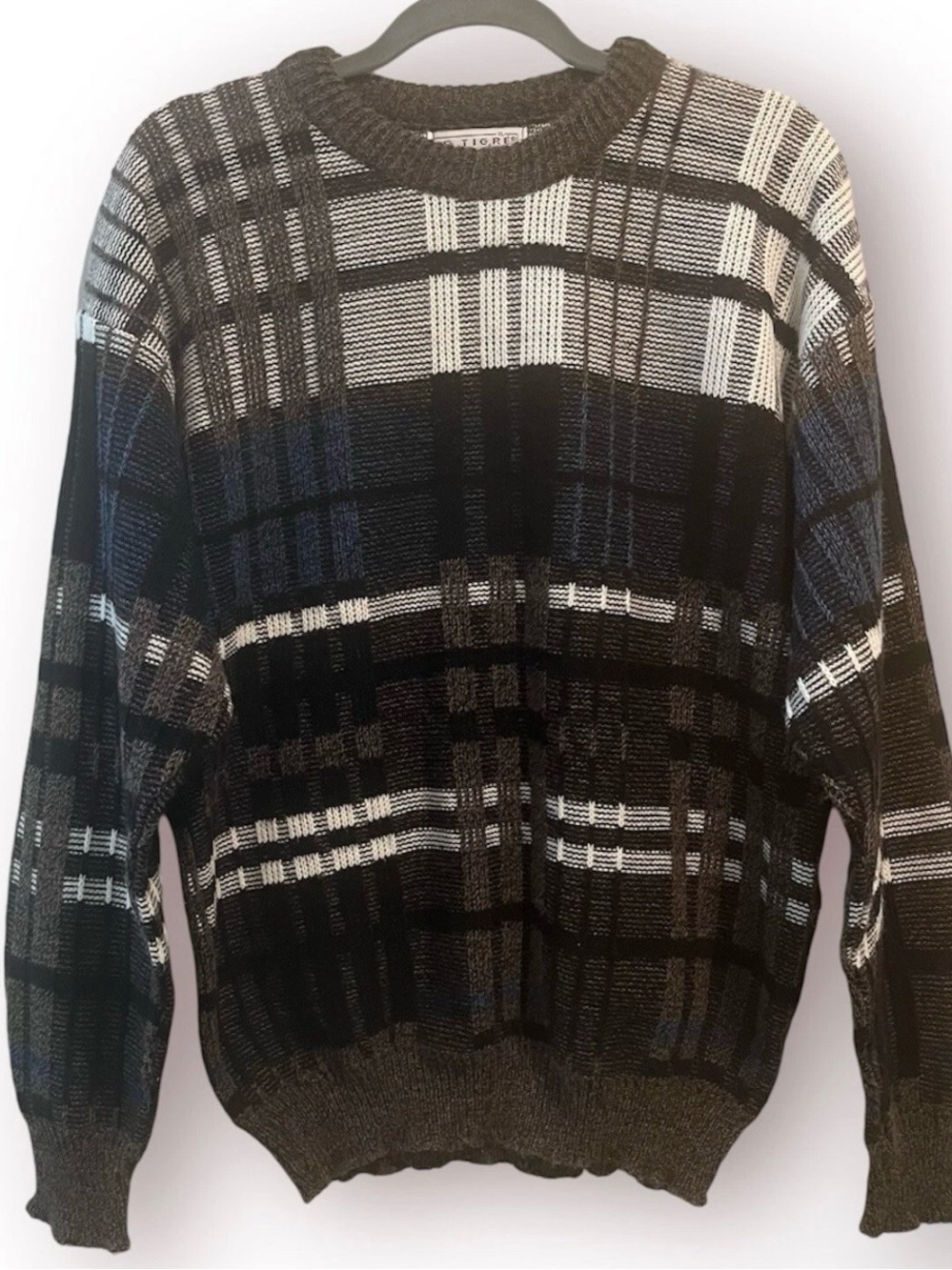 Vtg Le Tigre Pullover Sweater Men XL Brown Blue 90s 80s Geometric Dadcore Cosby
